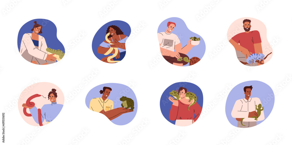 Set of people with reptile pets, flat vector illustration isolated on white background. Set of people with reptile pets, flat vector illustration isolated on white background.