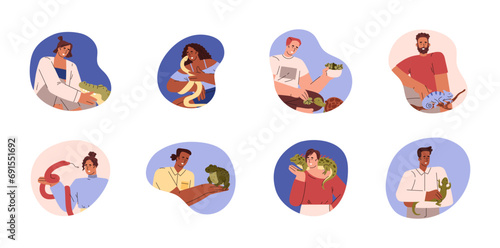 Set of people with reptile pets, flat vector illustration isolated on white background.