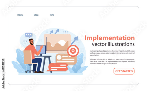 Efficient implementation in action. Man at computer visualizing growth, hitting performance target, and analyzing charts. Strategy realization, project execution, goal attainment. vector illustration