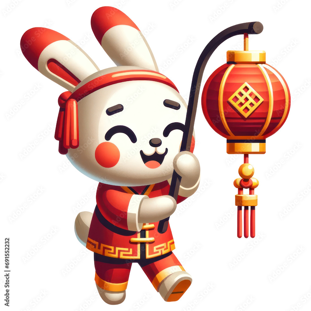 3D chinese rabbit with lantern on transparent background