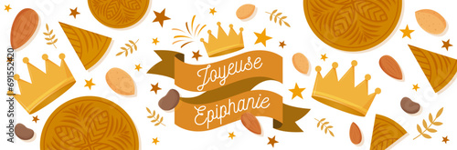 Joyeuse Épiphanie - Bannière festive pour le jour de la galette des Rois - Illustration vectorielle éditable présentant des galettes des Rois, fèves, amandes et couronnes - Design joyeux - Fête 