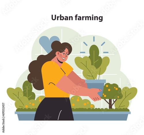 Urban farming concept. Joyful woman tending to her city garden, nurturing plants in a modern greenhouse. Sustainable living, urban agriculture. Flat vector illustration