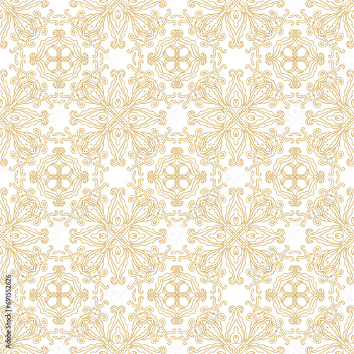 Golden seamless ornamental laced vector pattern, on white background