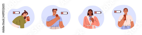 Tired women and men with a can of energy drink, low energy level of life battery charge indicator, exhaustion vector set