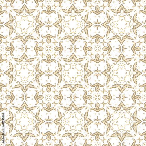 Golden seamless ornamental laced vector pattern, on white background