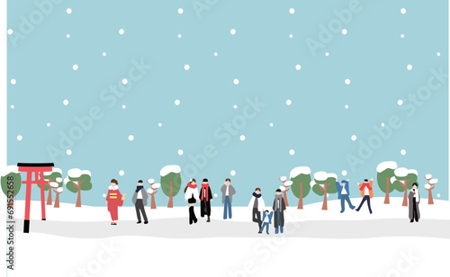 雪が降る中新年に初詣に向かう冬服の人々