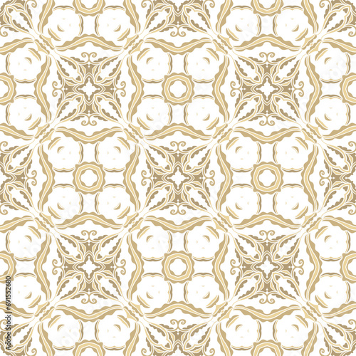 Golden seamless ornamental laced  vector pattern, on white background