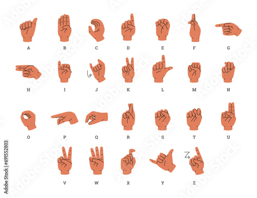 Alphabet in sign language for people with deafness, flat vector isolated.