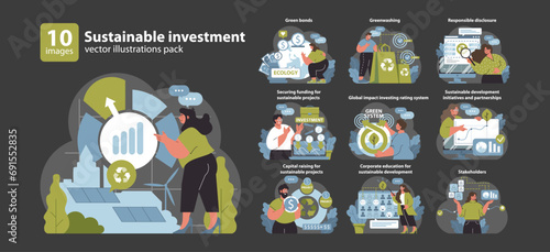 Sustainable investment set. Finance meets ecology for global betterment. Eco-friendly projects securing, ethical funds allocation. Flat vector illustration.
