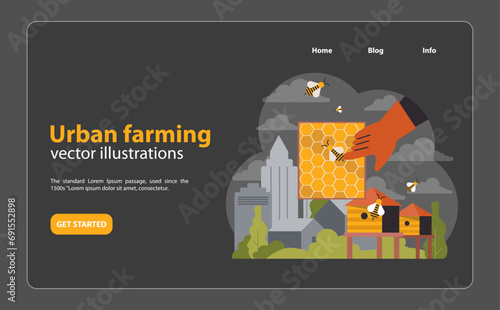 Hand extracts honeycomb in city setting, merging beekeeping with urban life. Bees buzz near hives against cityscape backdrop, illustrating nature within metropolis. Urban bee farm. vector illustration