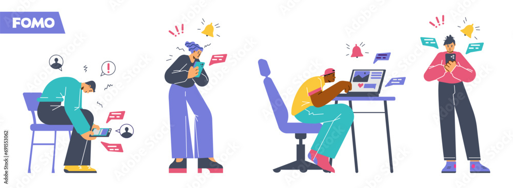 FOMO or Fear of missing out characters set, flat vector illustration isolated. FOMO or Fear of missing out characters set, flat vector illustration isolated.