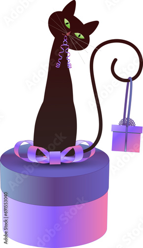 Illustrated black cat siting on top a round giftbox with a smaller wrapped gift hanging from its tail by a ribbon.