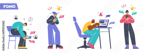FOMO or Fear of missing out characters set, flat vector illustration isolated.