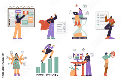 People organize their efficiency and productivity, vector set of scenes with effective time management, multitasking