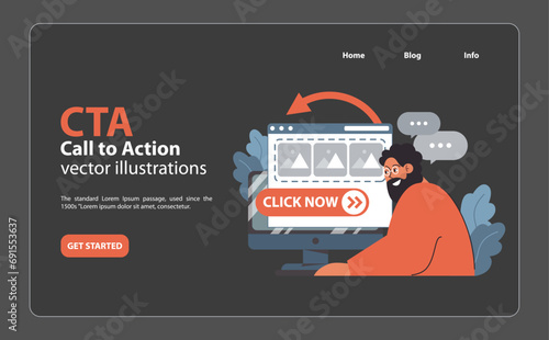 CTA enhancement concept. Enthusiastic developer points to a vibrant CLICK NOW button on screen, showcasing website's effective call to action. Engage visitors, boost clicks. Flat vector illustration photo