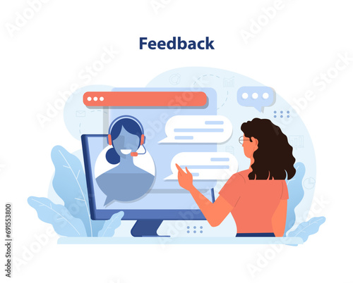 Feedback concept. Woman interacts with virtual assistant on computer. Sharing insights, discussing issues. Responsive customer support. Flat vector illustration