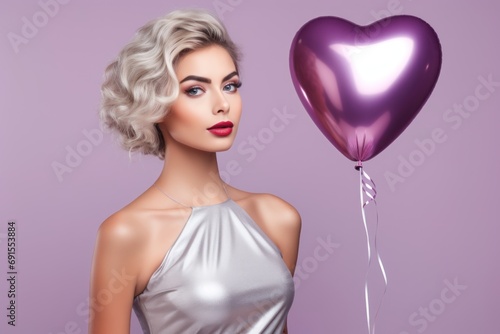Elegant young woman with white hair and red lips near the purple heart-shaped balloon