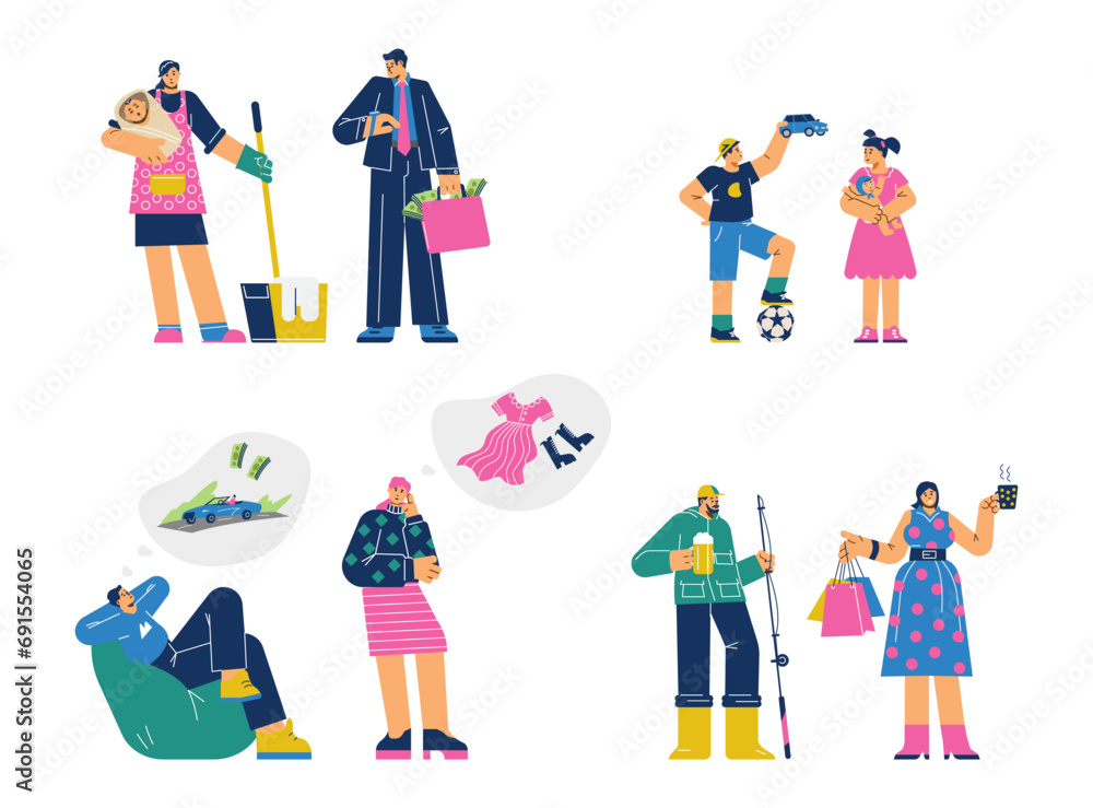 Gender stereotypes concept, men and women have different social roles, purposes, hobbies, dreams cartoon vector set
