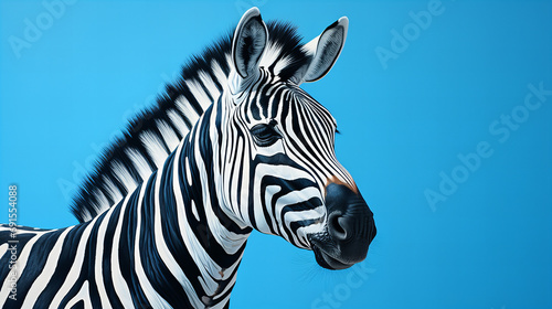 zebra close up, A horizontal, cropped, colour image of a zebra, facing the camera in blue light background, copy space