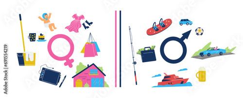 Gender stereotypes concept, pink and blue elements - flat vector illustration isolated on white background.