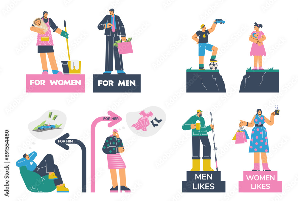 Gender and social role stereotypes banners, flat vector illustrations ...