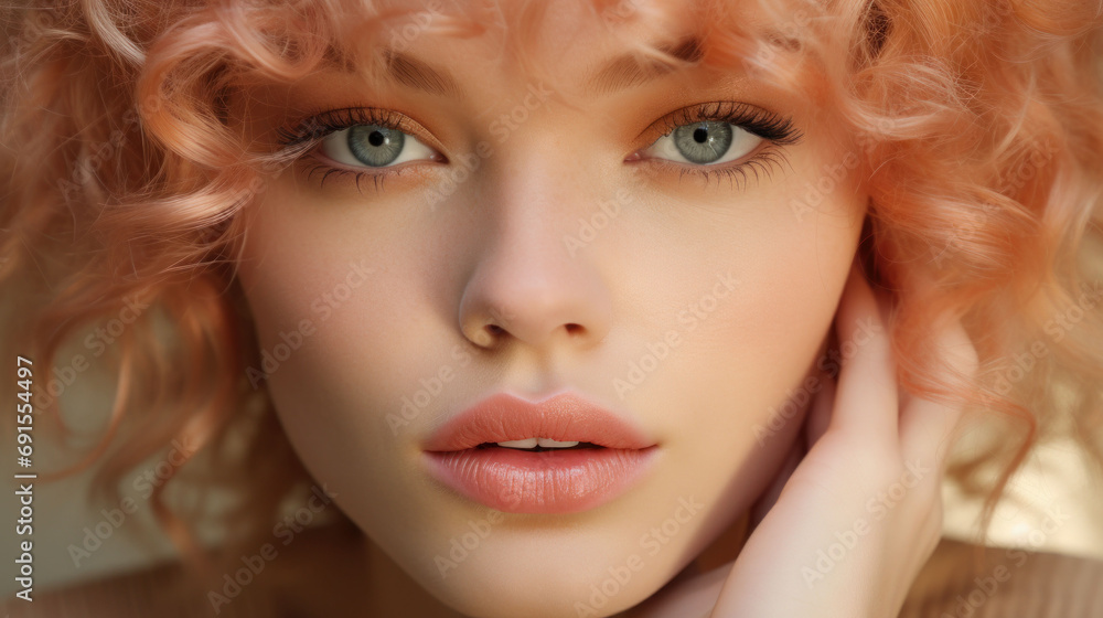 A portrait of a woman with curls in the trending Peach Fuzz 2024 color, showcasing soft elegance.