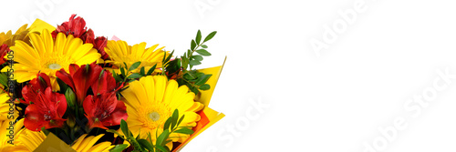 Bright yellow gerbera and red alstroemerias in a bouquet of flowers close-up. Happy Valentine's Day, Mother's Day, International Women's Day, Birthday card. Flowering plants as banner, postcard photo