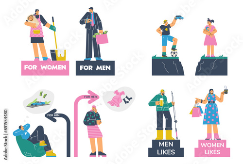 Gender and social role stereotypes banners, flat vector illustrations set.