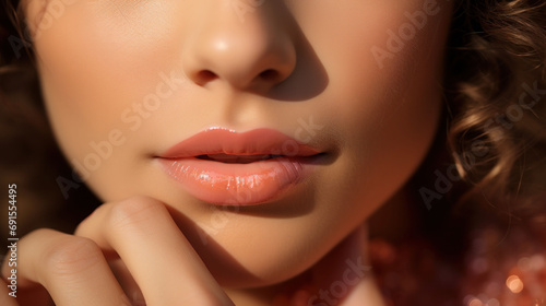 A close-up shot capturing the nuanced details of a woman s lips and chin  bathed in the warm Peach Fuzz 2024 color light  highlighting the beauty of simplicity.