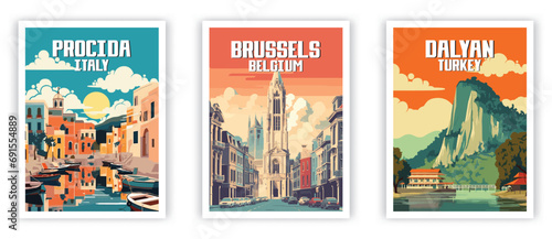Procida, Dalyan, Brussels Illustration Art. Travel Poster Wall Art. Minimalist Vector art.