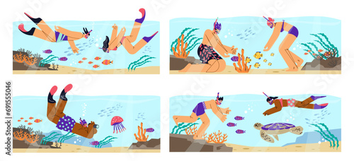 Snorkeling activity vector set, people in diving mask swimming in sea observing fauna of coral reef, marine adventures