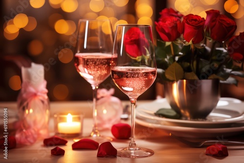 Beautiful table setting with glasses of wine  candles and rose