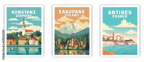 Antibes, Zakopane, Konstanz Illustration Art. Travel Poster Wall Art. Minimalist Vector art.