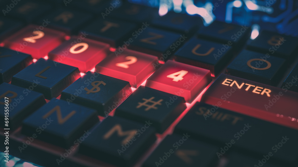 Close up view of keyboard with red light on 2024 number keys and enter key. Technical concept for entrance or start to new year. Happy new year, 2024. 3D rendering.