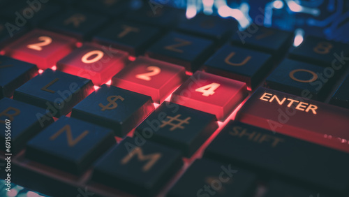 Close up view of keyboard with red light on 2024 number keys and enter key. Technical concept for entrance or start to new year. Happy new year, 2024. 3D rendering.