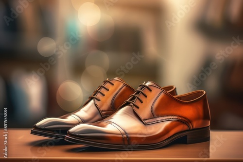 Blurred men's leather shoes. stylish men's shoes on a shelf in a store photo