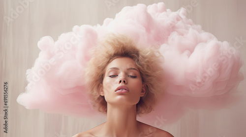 a young woman stands against the wall with her eyes closed, a pink cloud above her head denoting thoughts, dreams, © Tereza