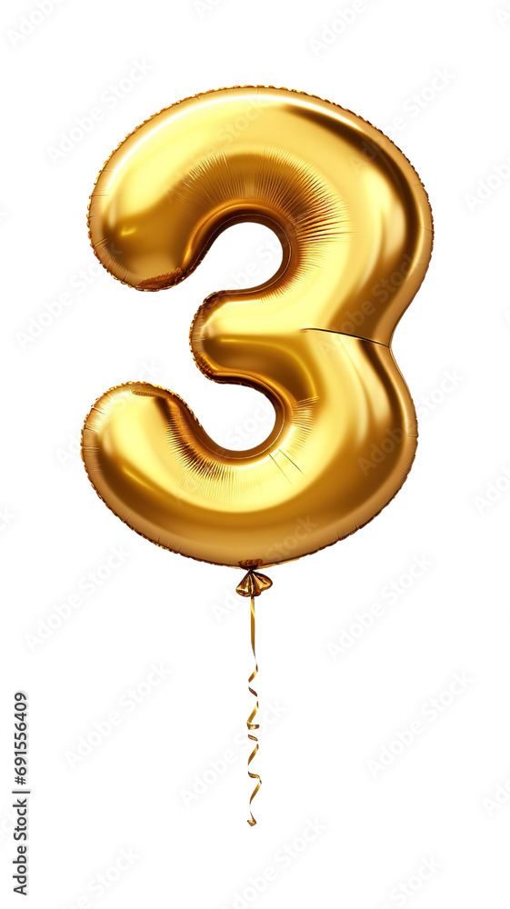 Golden number 3 balloon on white background, for party decoration Golden number 3 balloon on white background, for party decoration