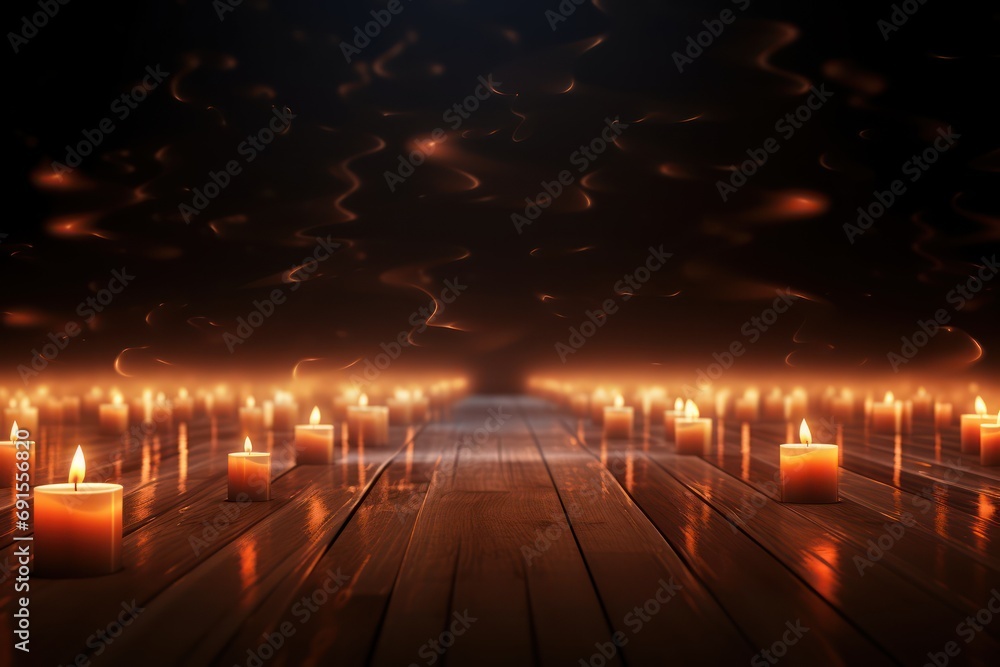 Burning candles on floor in darkness with space for text. Funeral concept