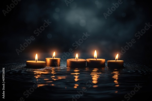 Burning candles on floor in darkness with space for text. Funeral concept