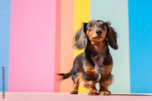 a lovely longhaired mini dachshund sitting in front of a striped, blue, yellow, pink and peach background. Generative AI photo