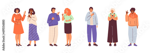 Deaf mute people communicate with each other with sign language, flat vector illustration isolated on white background.