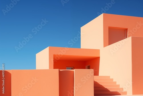 a modern geometrical orange building against blue sky. Minimal design for wallpaper or background for various use. Generative AI