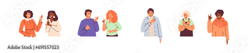 Hearing disability concept, deaf man and woman talk on deaf-mute sign language symbols, people with deafness vector set
