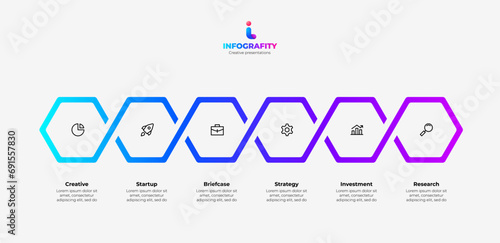 Six hexagons for business presentation. Process visualization or timeline. Vector infographic design template with 6 options or steps