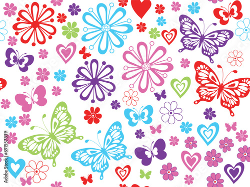 Vector bright spring seamless pattern with butterflies, flowers and hearts in doodle style on a transparent background