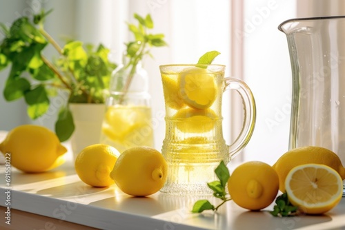 Lemonade with yellow lemons on white light kitchen with window