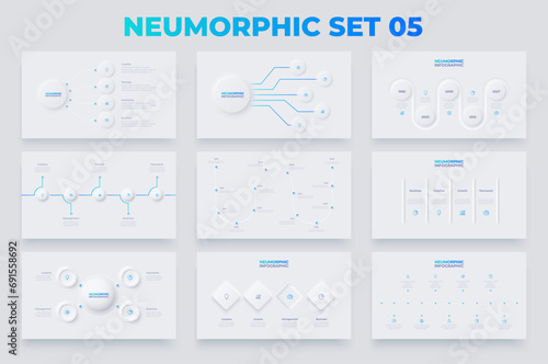 Neumorphism infographics elements set. Timelines, flow charts and cycle diagrams. Set of Infograph concept with 4, 5 and 6 options
