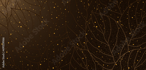 Abstract floral template with glowing circles and foliage, leaves on dark brown gold gradient background. Luxury golden vector image. Elegant geometric design. EPS 10