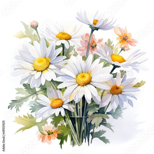 Bouquet of watercolor daisy flowers. Many chamomiles with leaves